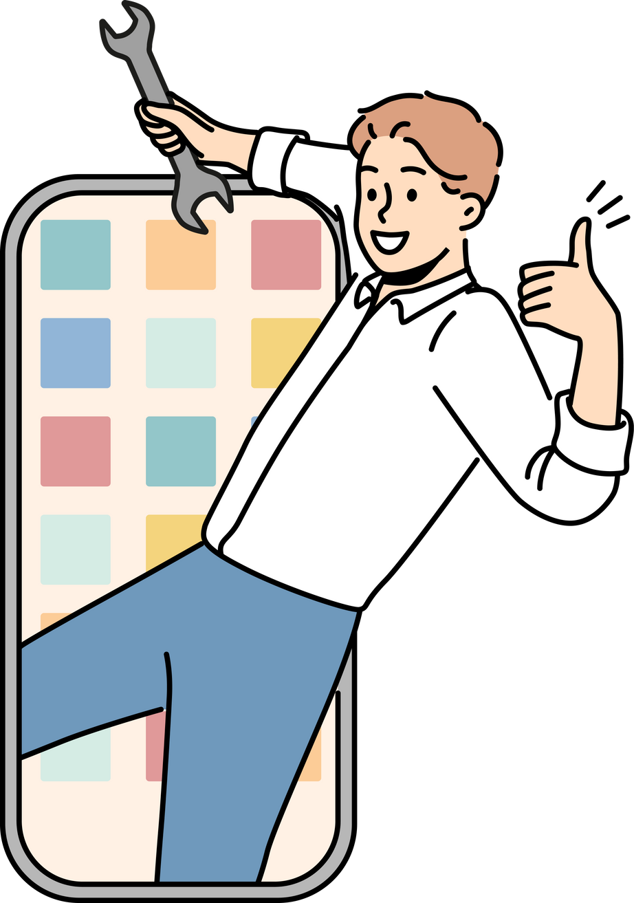 Man with wrench repair smartphone